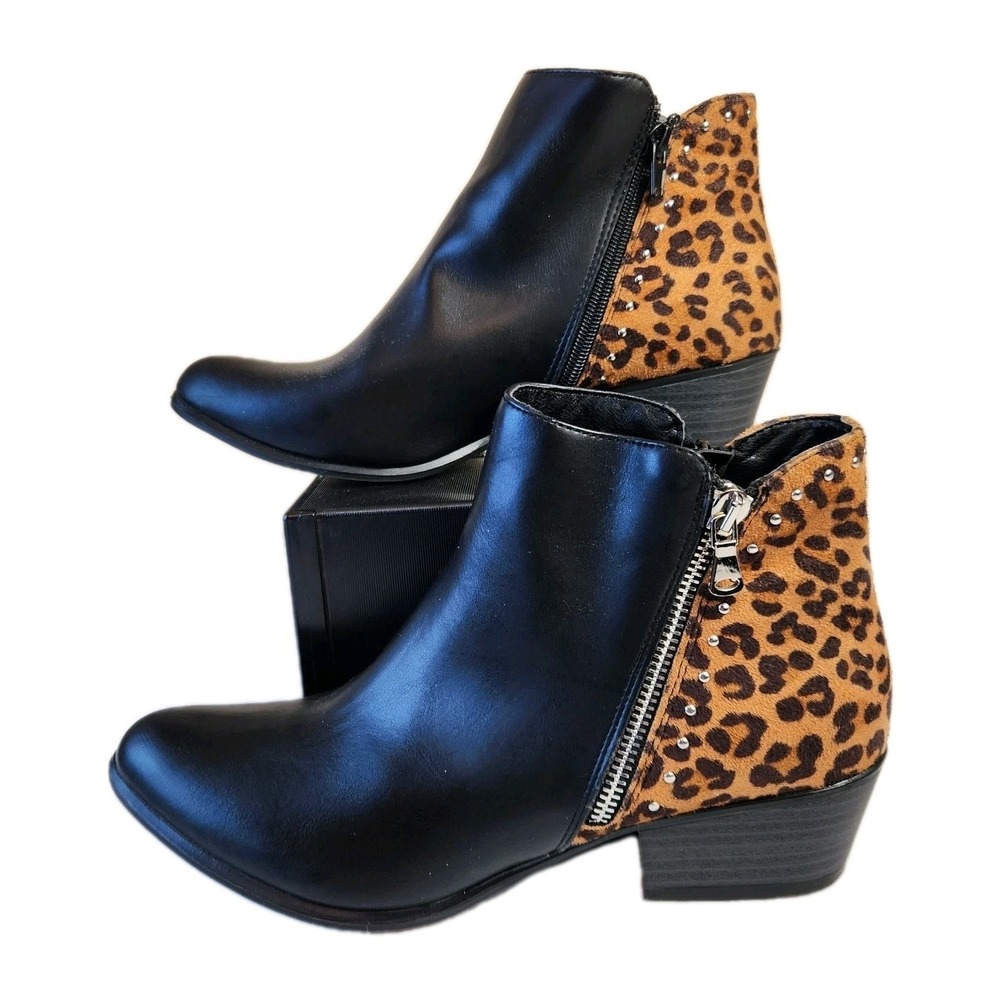 Esprit Women's Topaz Tonya Ankle Boots Size 8.5 M Black & Leopard Print Zip Shoe
